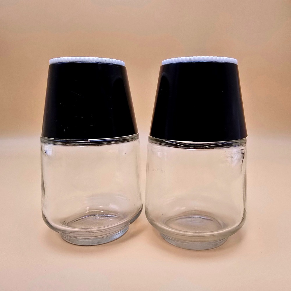 Vintage Gemco Salt and Pepper Shakers Glass Black White USA MCM Retro Set